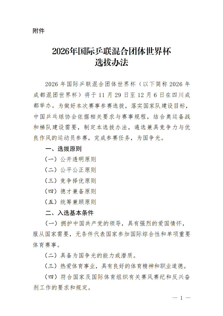 国乒宣布了2026年混团世界杯的选拔方式与标准！
现在已经有7人入选混合团体赛的