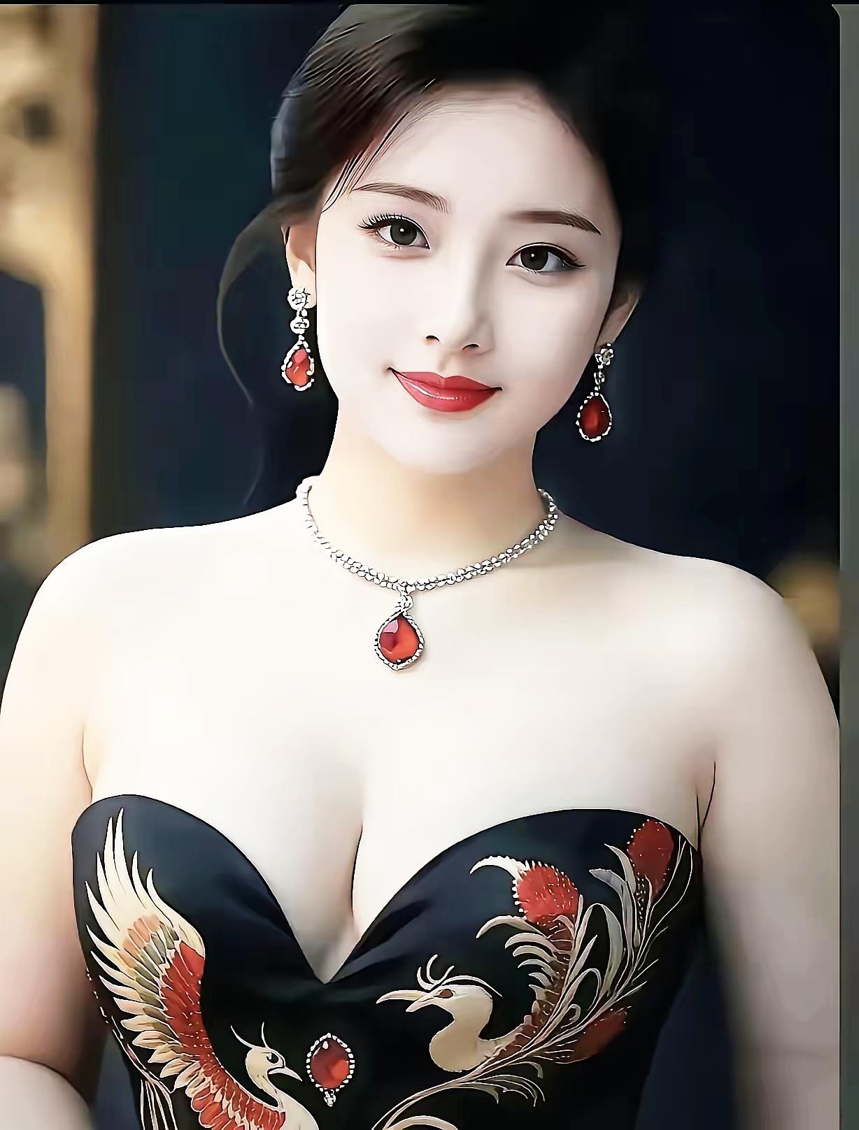优雅红唇，复古珍珠，黑天鹅礼服，尽显东方韵味。