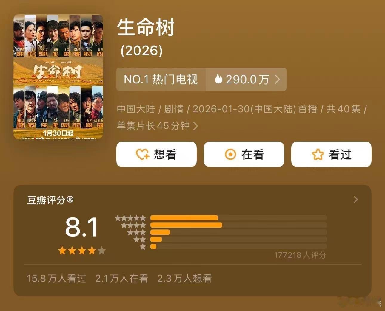 生命树豆瓣开分8.1杨紫、胡歌《生命树》豆瓣开分8.1 ，17w+人打分！生命树