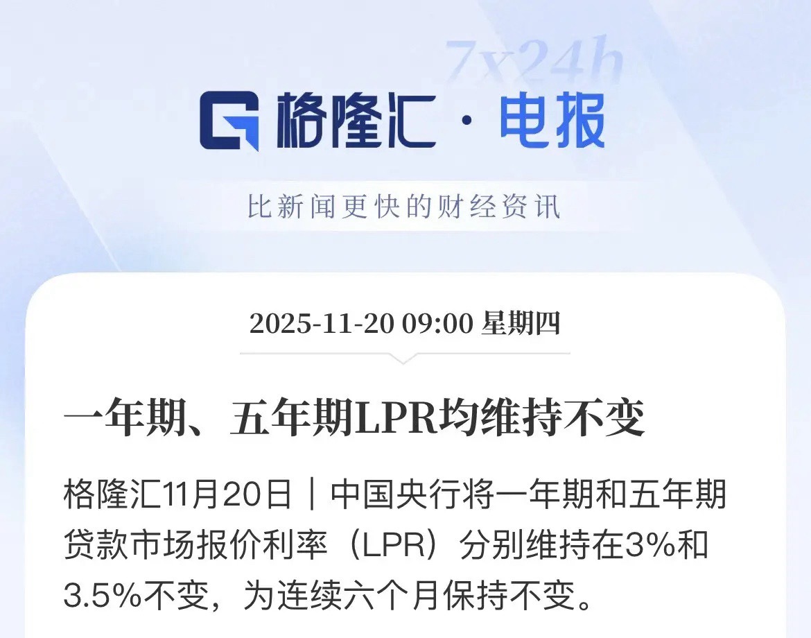 预期落空，11月依然维持不变，LPR定价连续6个月维持不变了，1年期3%，五年期