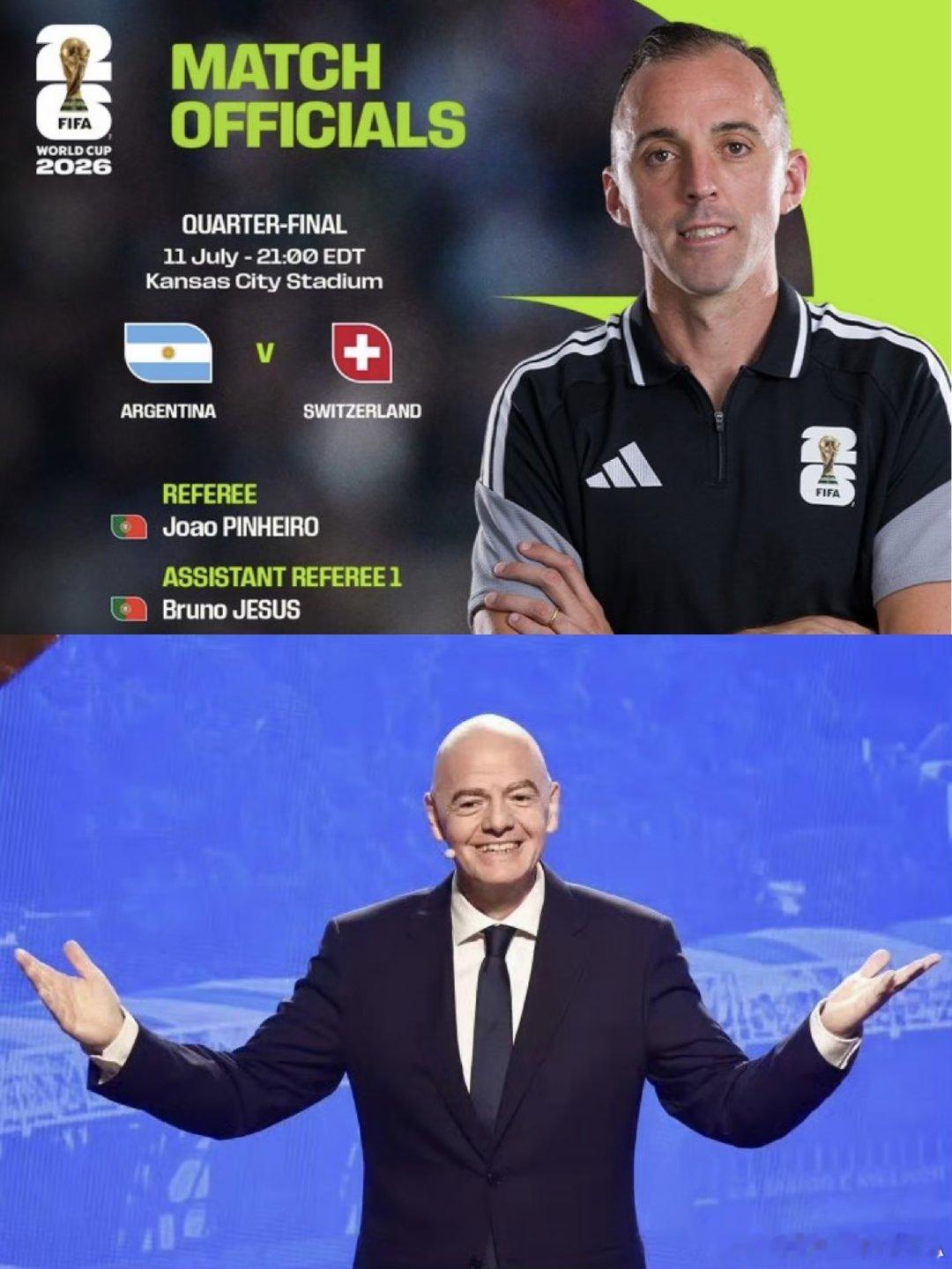 FIFA官方公布了世界杯1/4决赛，阿根廷vs瑞士的裁判名单，将由葡萄牙裁判皮涅