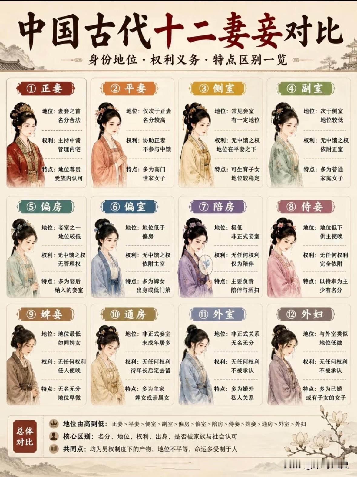 【一张图看懂古代十二妻妾等级】
很多人以为古代就是随便纳妾，其实里面的门道特别多