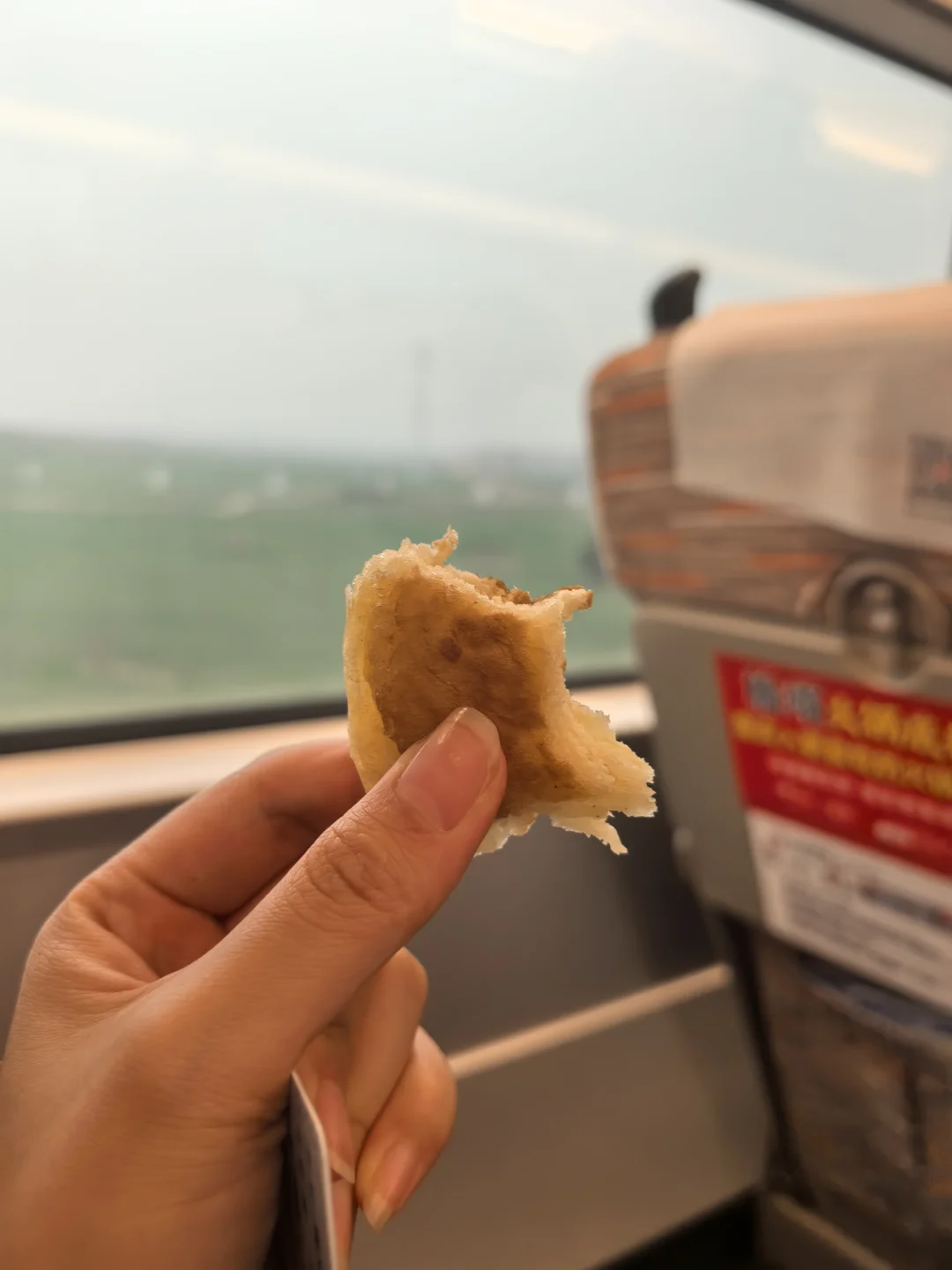 在离开家的高铁上吃家乡的烧饼