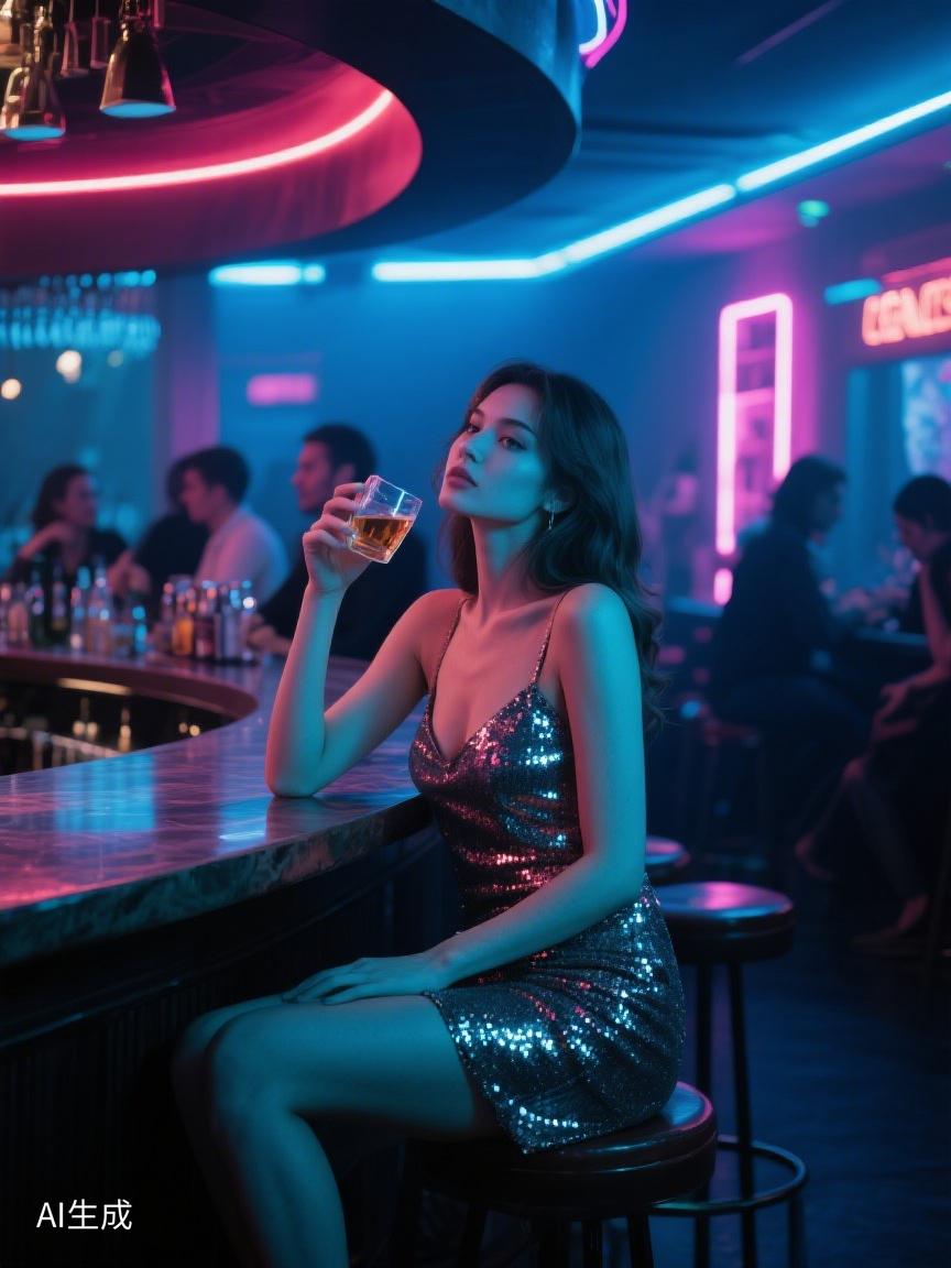 AI妙生图霓虹在酒吧闪烁，杯中琥珀色流转，于微醺处，探寻生活另一重斑斓🎆