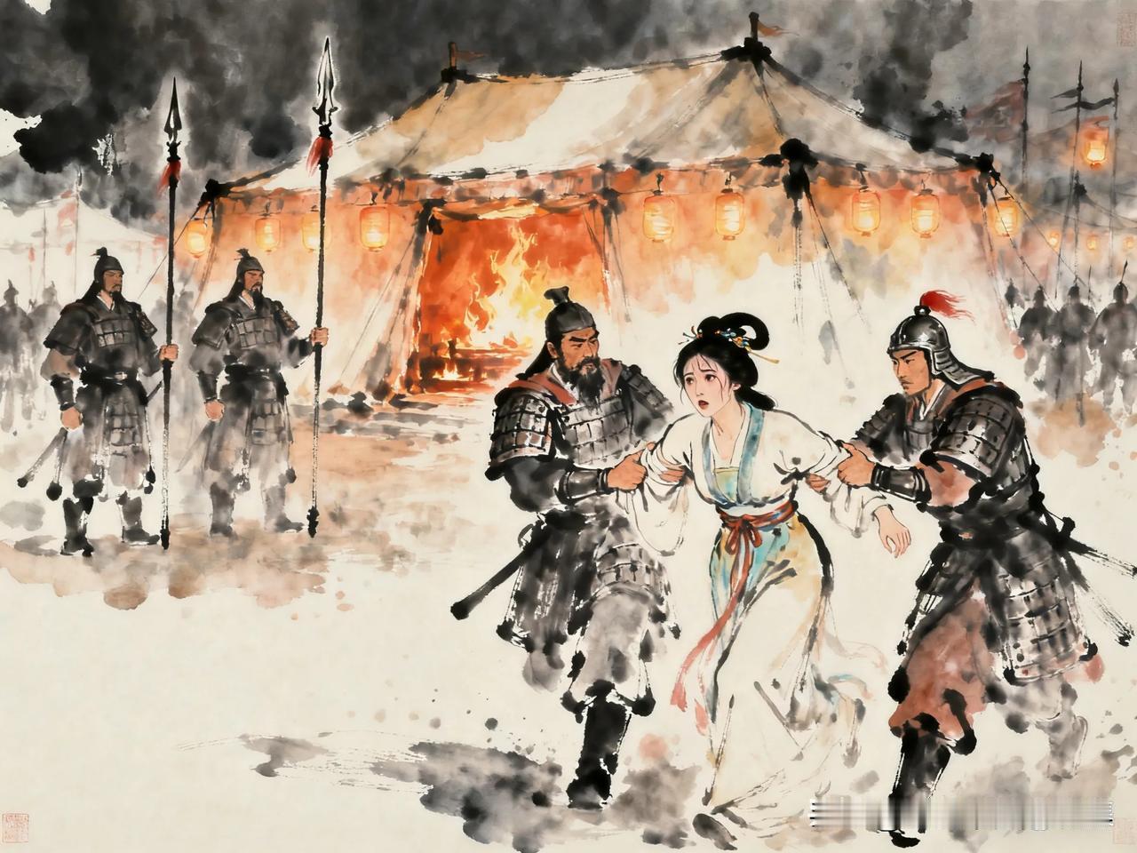 199年，吕布被曹操斩杀后，曹军士兵闯入吕布的内室发现了貂蝉，貂蝉怕被士兵糟蹋，