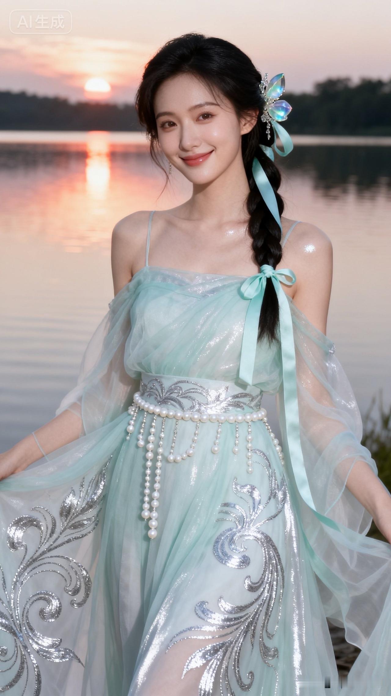 梦幻湖畔仙子，碧波荡漾间，轻盈飘逸的蓝绿色长裙，宛如童话中的公主。