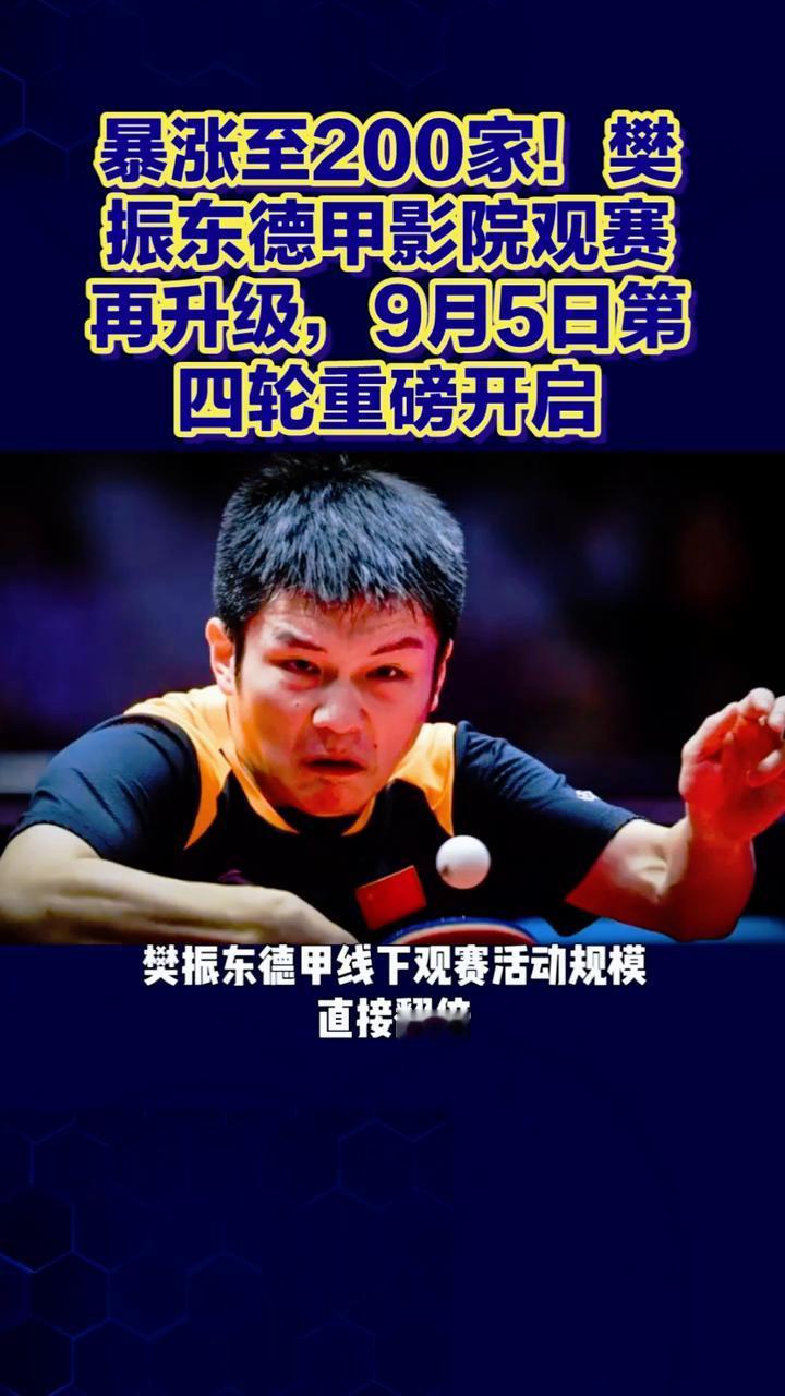 暴涨至200家！樊振东德甲影院观赛再升级，9月5日第四轮重磅开启。
从几十家暴涨
