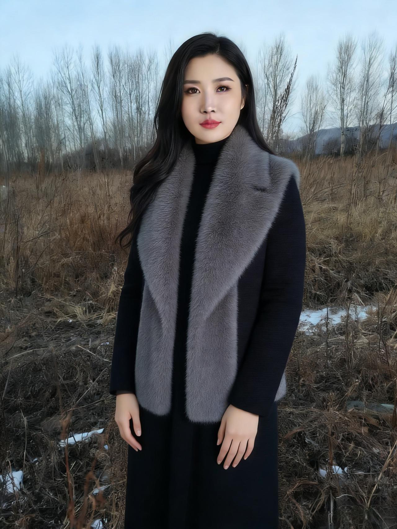 北风把荒草梳成浅金的细浪
你站在残雪旁，像一株移动的白梅
黑大衣的毛领浮着薄霜