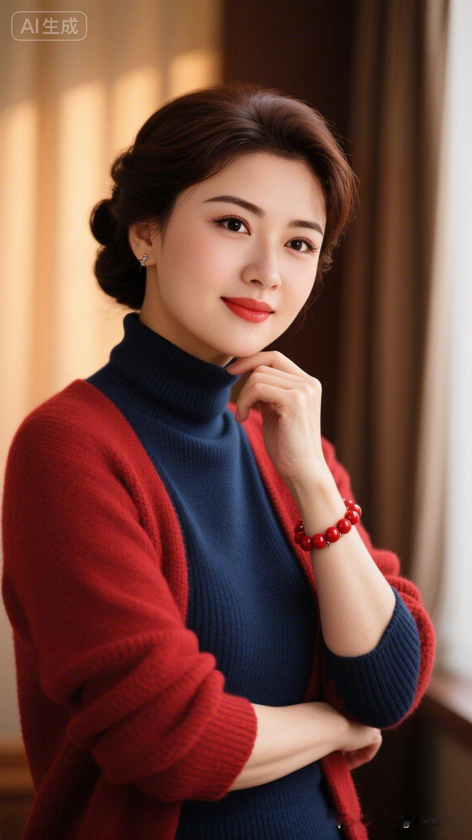 优雅红蓝撞色毛衣，复古卷发，甜美微笑，冬日暖阳下的温柔时光。