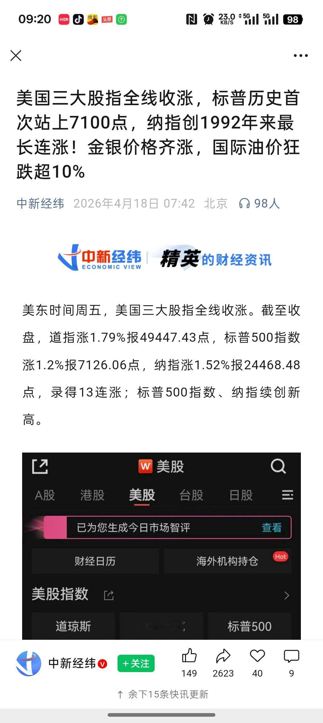 怎么看美国三大股市普遍上涨？标普首次站上7100点？

什么是标普500，就是美