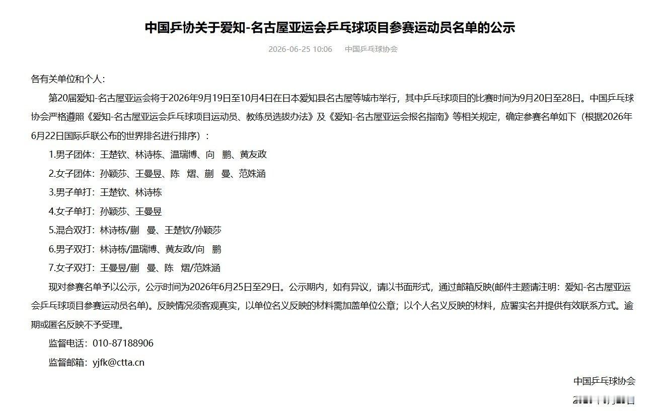国乒亚运会参赛名单公示 王楚钦孙颖莎出战亚运会混双中国乒协公示名古屋亚运会乒乓球