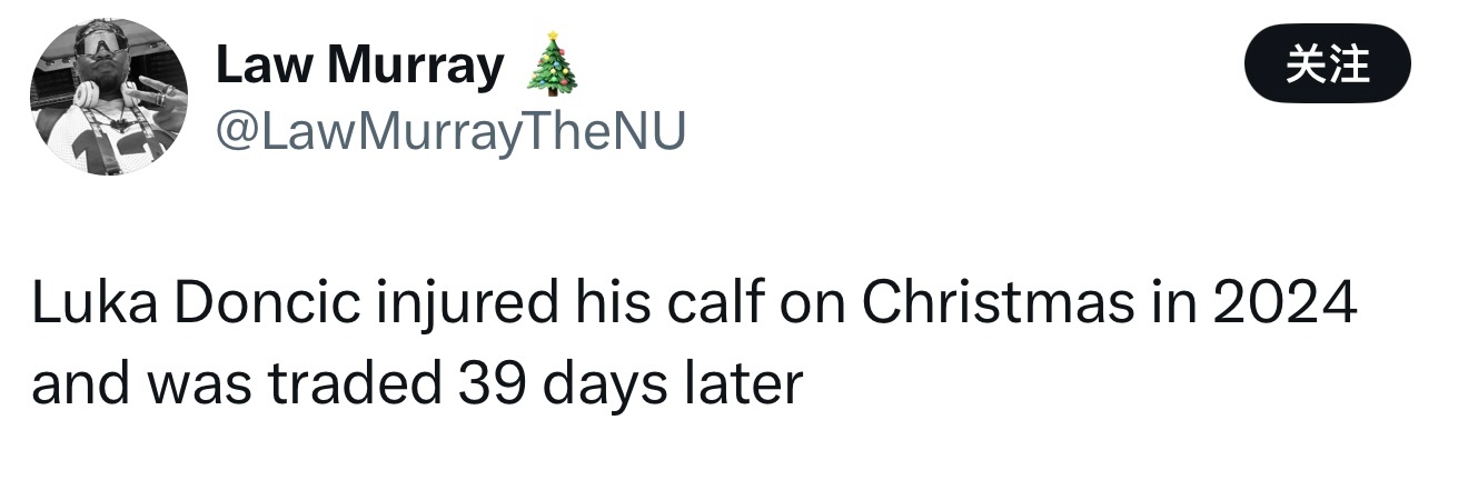 里夫斯在昨天的圣诞大战受伤，伤停至少4周。TA记者Law Murray发推：“东