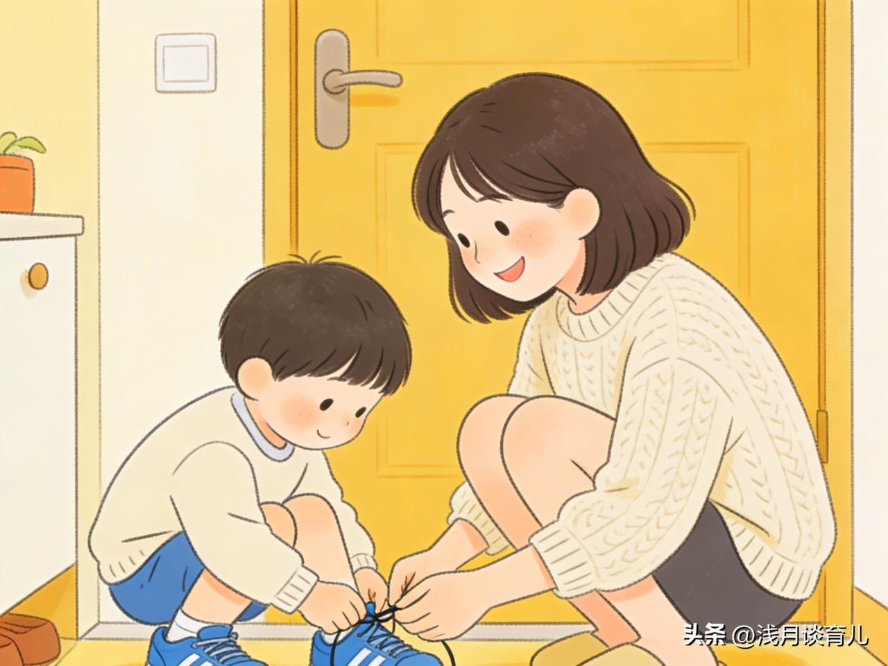 今早送娃上学，我又差点急疯。
 
他蹲在玄关，非要自己系鞋带，小手笨得像个小馒头