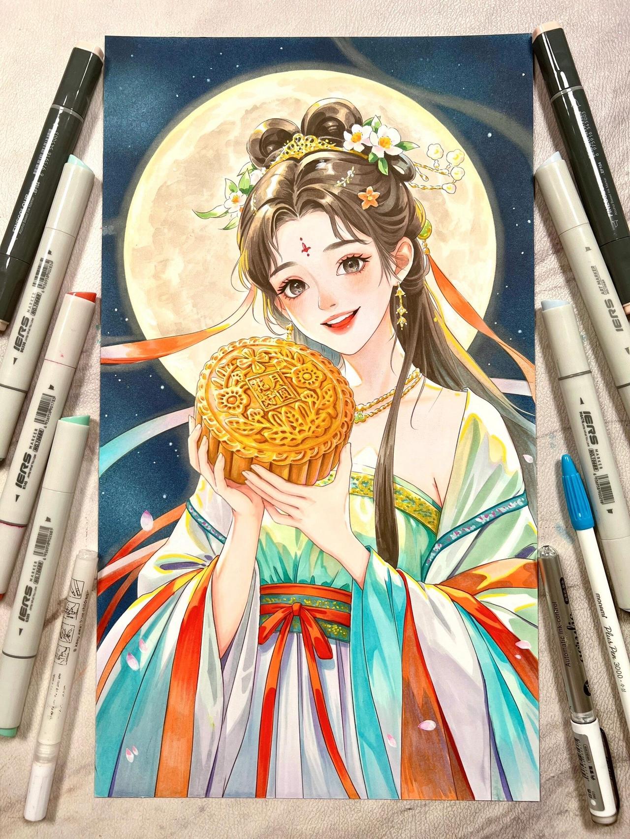 中秋节快乐呀！#马克笔手绘 #一起学画画 #古风人物绘画 #中秋