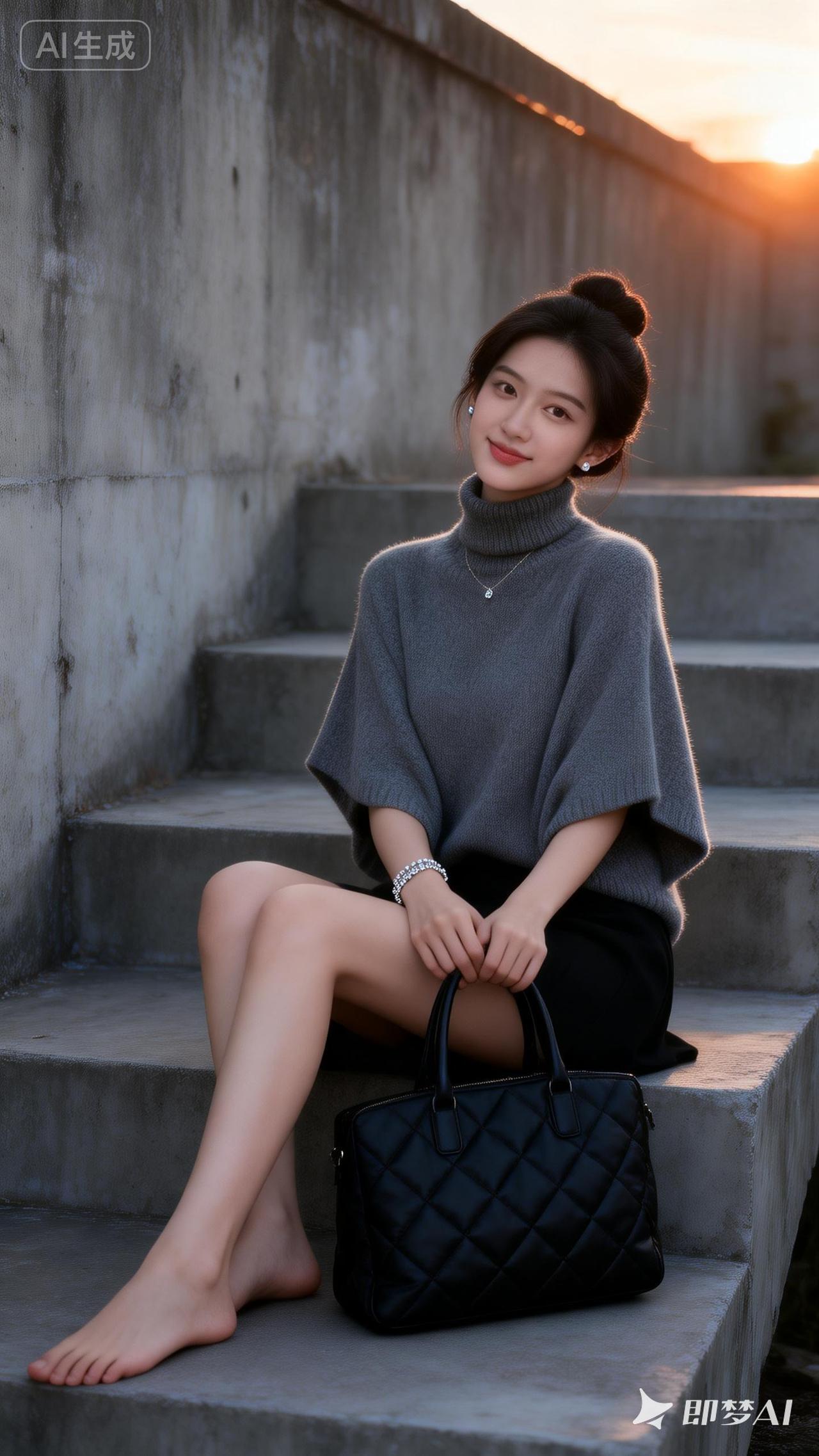 都市时尚少女，优雅坐台阶，手提包相伴，轻松自在。
