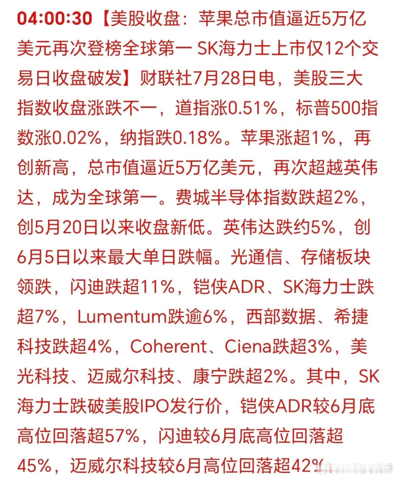 美国三大股指涨跌不一！海力士破发了，周二韩股怕是又要跌得熔断了！今年炒股一定要看