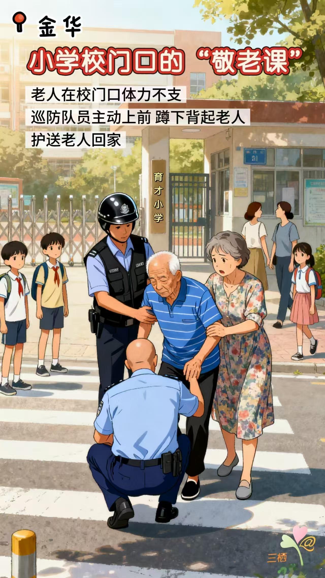 这堂校门口的德育课没有板书只有行动 近日，金华婺城公安巡防队员在育才小学门口，发