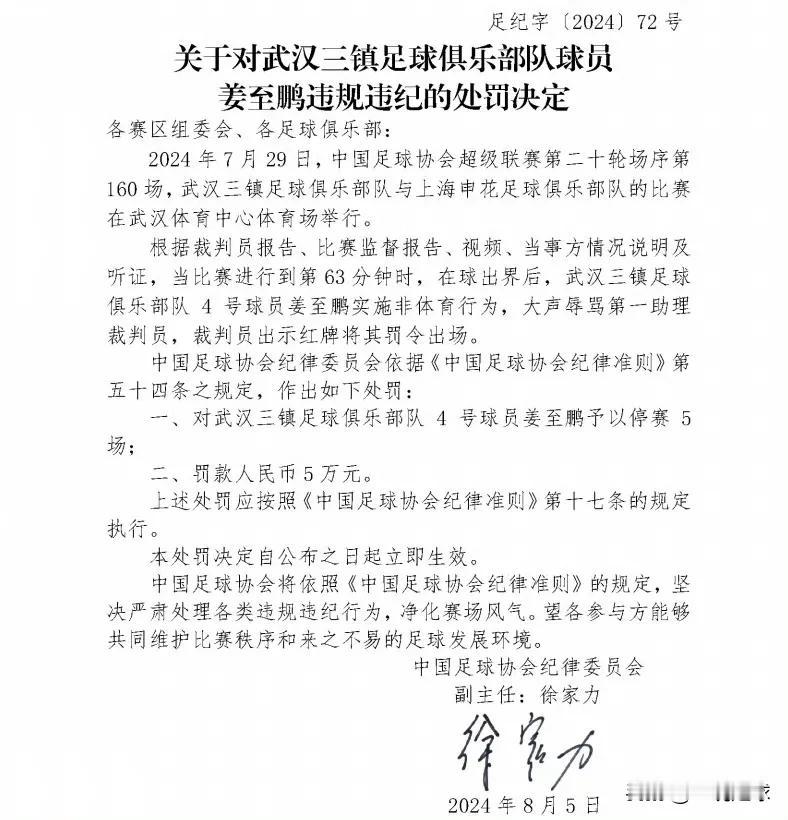 足协官方：姜至鹏因在三镇VS申花比赛中辱骂第一助理裁判刘星（河南），追加处罚5场