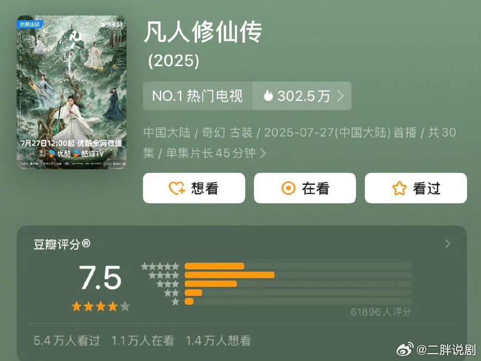 杨洋、金晨主演的《凡人修仙传》豆瓣开分7.5分，高了还是低了？ ​​​