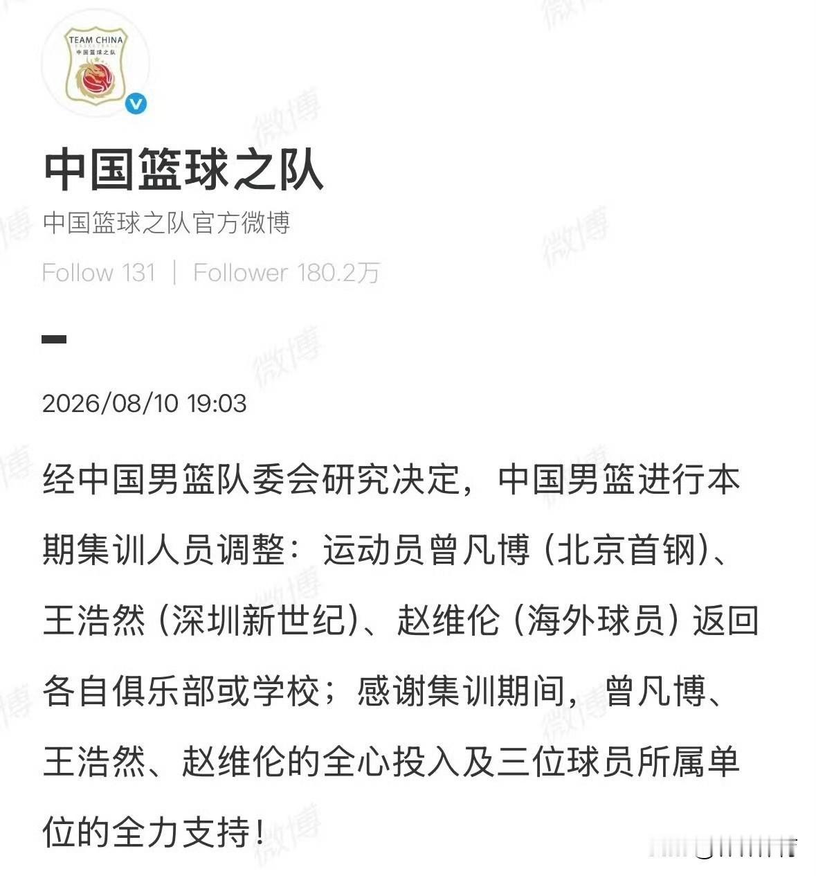 中国男篮世预赛前阵容在迎巨大调整，曾凡博、王浩然以及赵维伦离队，返回各自俱乐部以