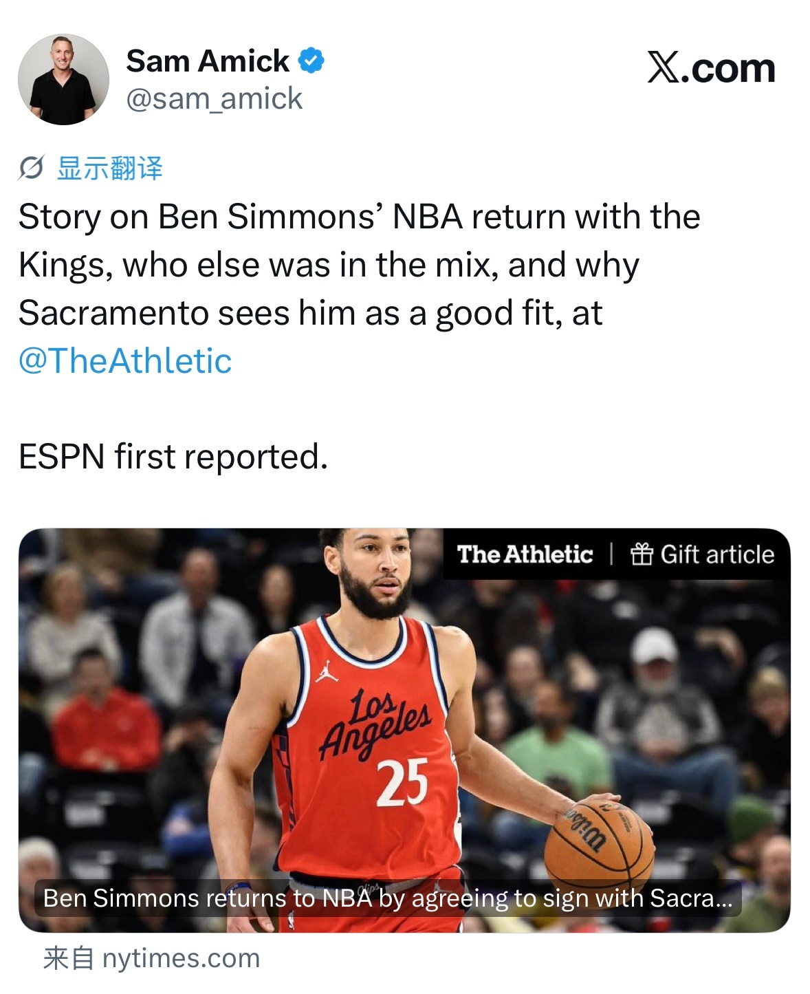 Amick：勇士和尼克斯也曾有意本-西蒙斯，但是西蒙斯选择签约国王队。 ​​​
