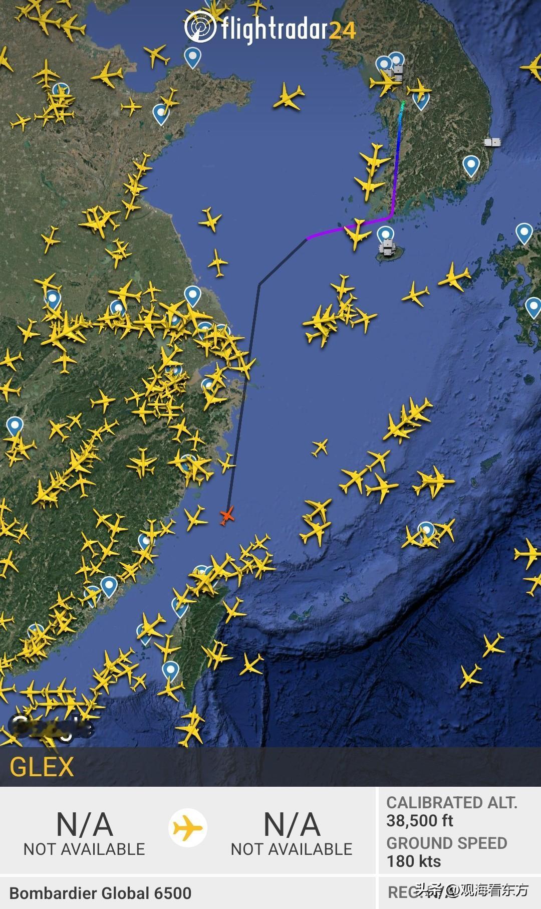 胆子相当大，此时此刻（6月18日凌晨0点58分）一架没有任何标记的庞巴迪环球65