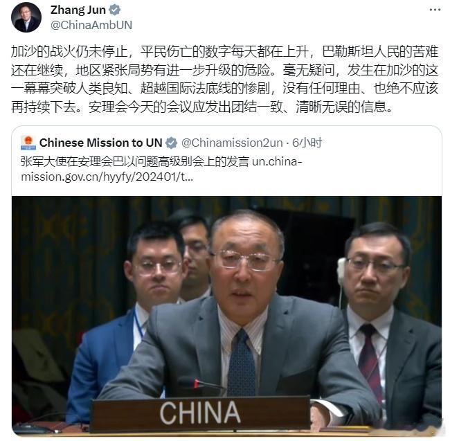 #巴以冲突# 中国驻联合国张军大使：毫无疑问，发生在加沙的这一幕幕突破人类良知、