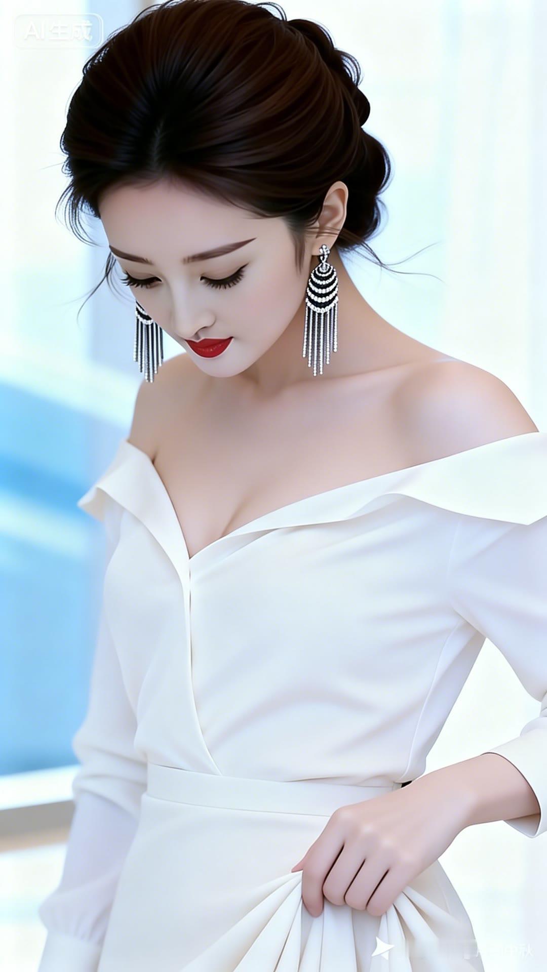优雅白裙，复古耳环，红唇诱惑，气质满分！