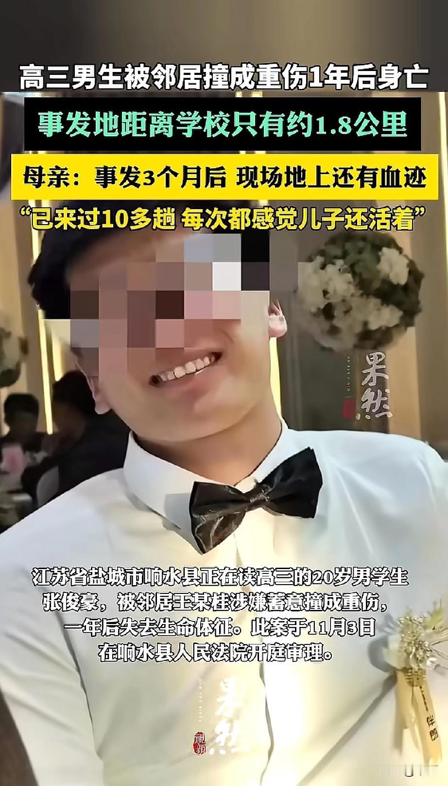 江苏盐城19岁高三男生张俊豪，2024年5月上学路上被邻居王某桂驾车蓄意撞击。两