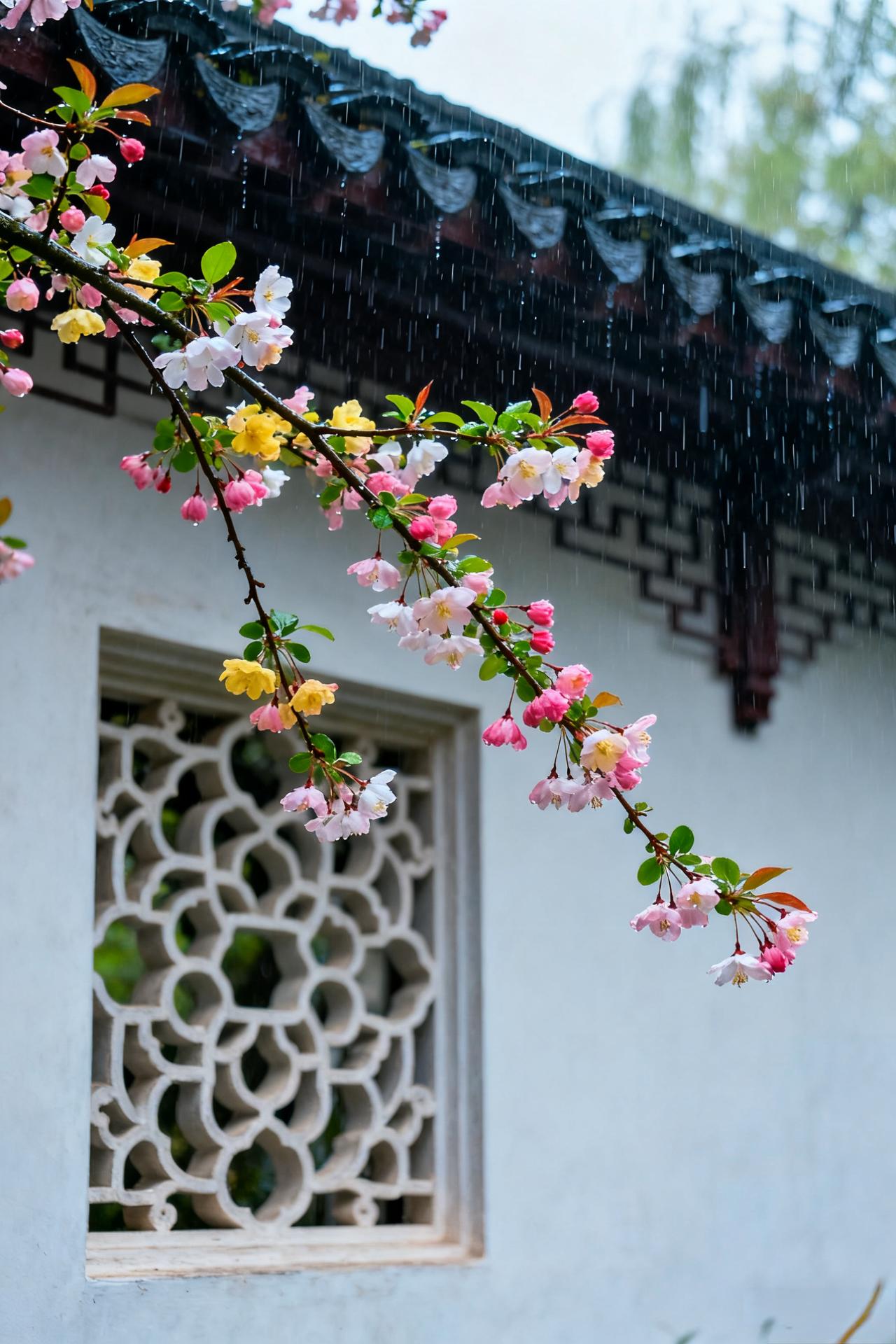 总在雨天想起江南的春天，想起这白墙黛瓦间的花影。细密的雨丝织成一张温柔的网，网住