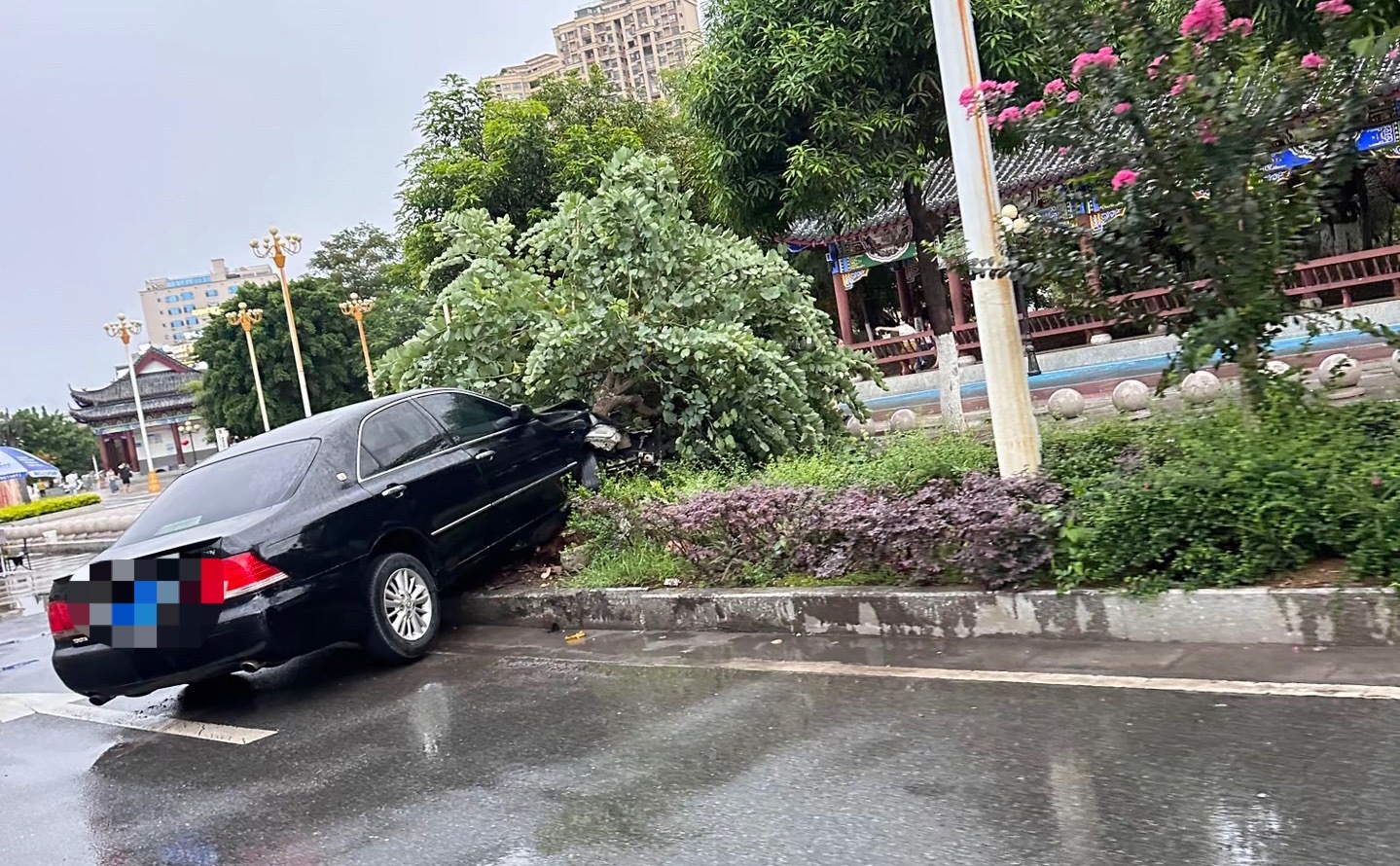 【玉林某国际门口小轿车撞倒绿化带树木】7月4日，玉林市某国际小区门口对面一辆黑色