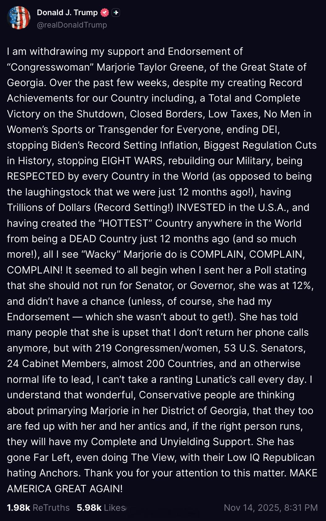 川普和MTG闹翻：“我决定撤回对乔治亚州众议员Marjorie Taylor G