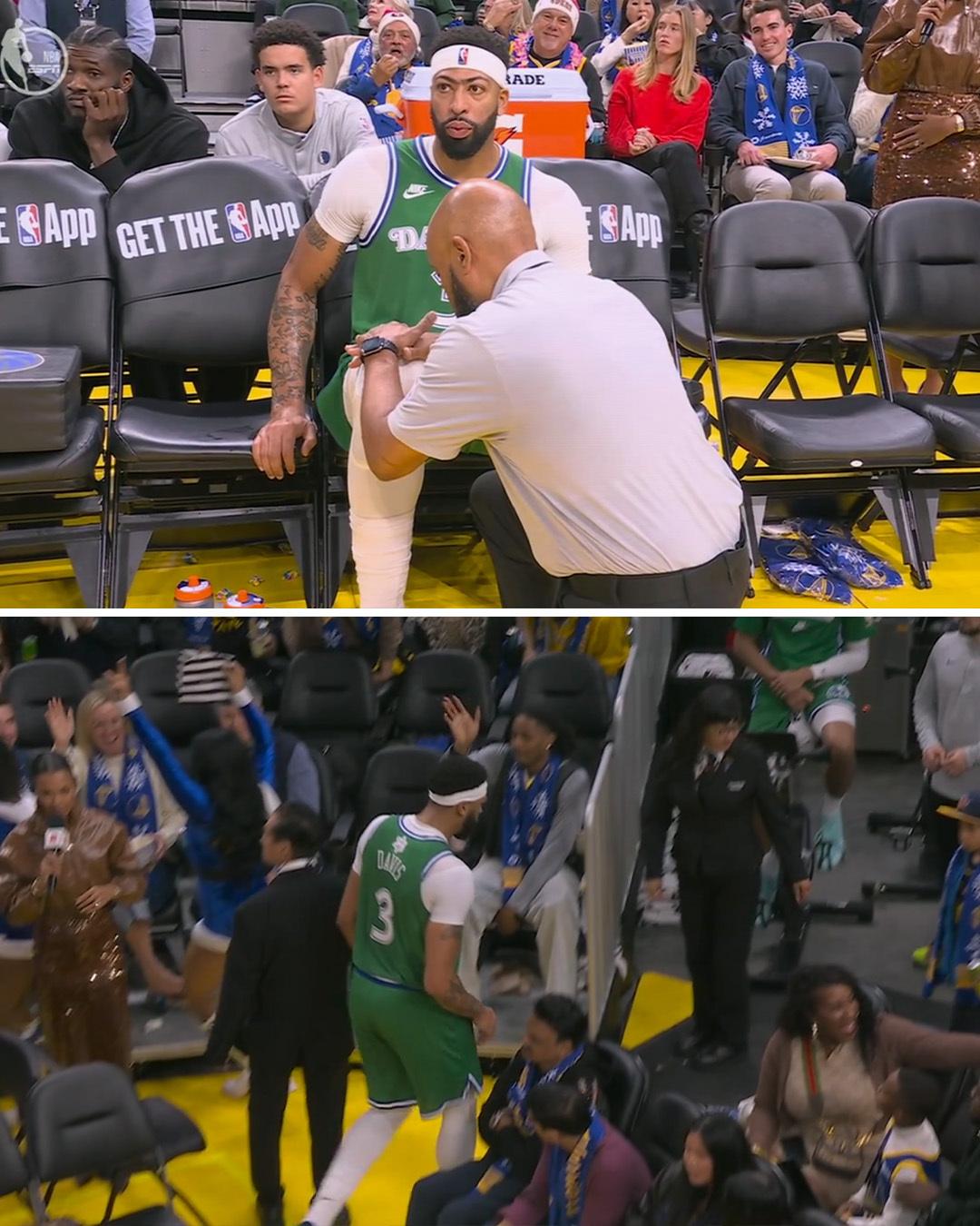 浓眉在上半场跑动中无对抗受伤，后续报道腹股沟拉伤，本场比赛不再回归…. 