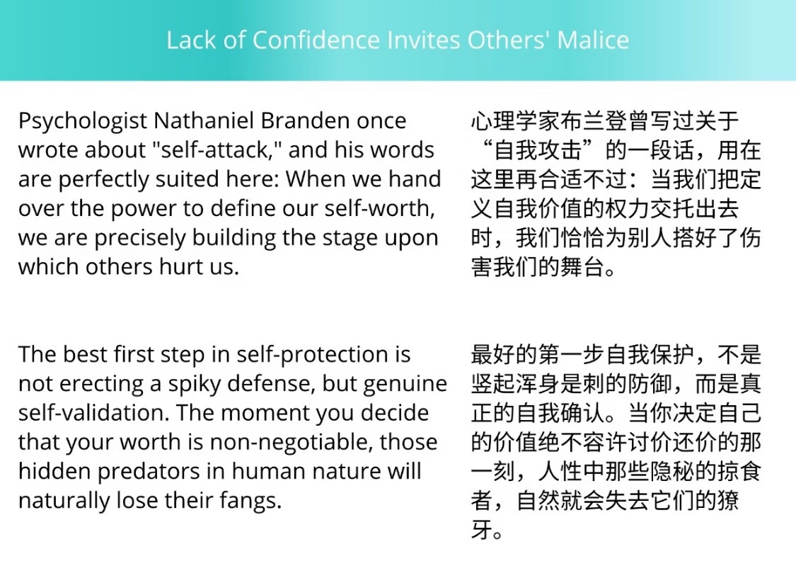 这篇看得我难过又生气，不自信就会激起他人心中的恶意，回想人生过往，有太多这样的片