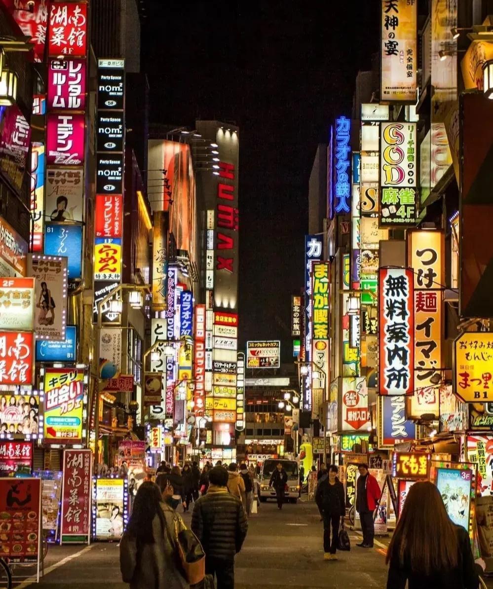 这是日本一条商业街的夜景，像这种扎堆竖起来的广告灯箱，在国内比较少见。

像这样