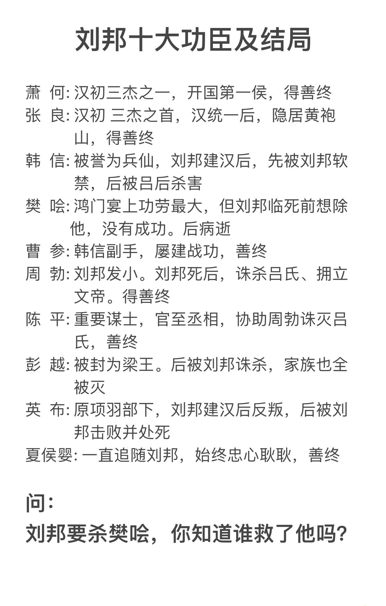 刘邦十大功臣和结局，建议收藏