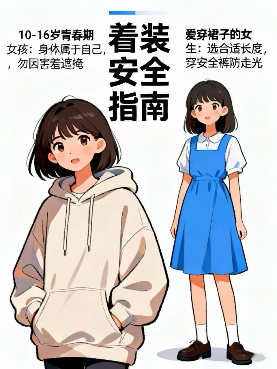 女生在着装上保护自己，不同年龄段有不同要点。10 - 16岁的青春期女孩，身体开