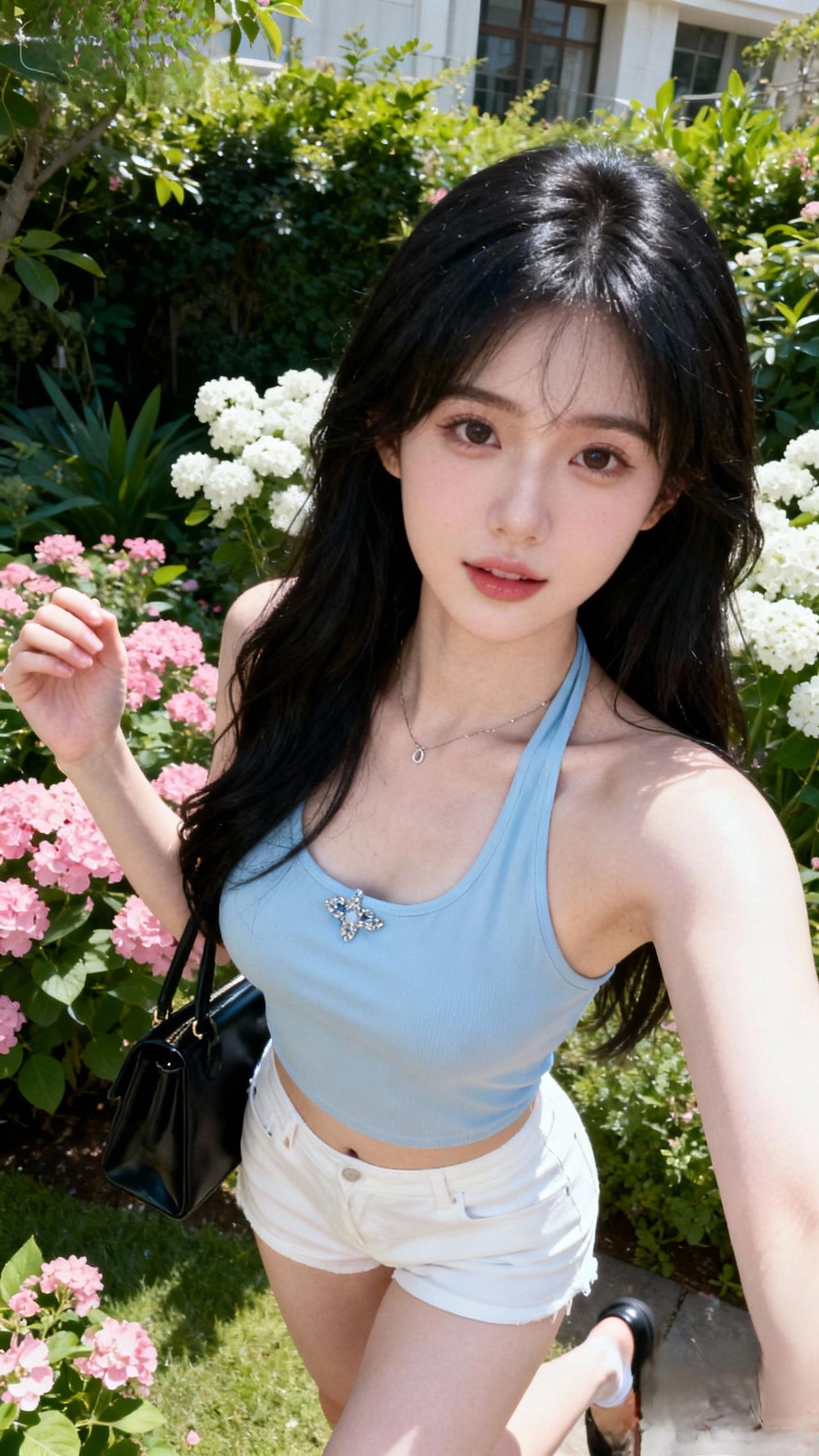 夏日清新穿搭，粉色花丛中的甜美少女一起享受大自然的美＃