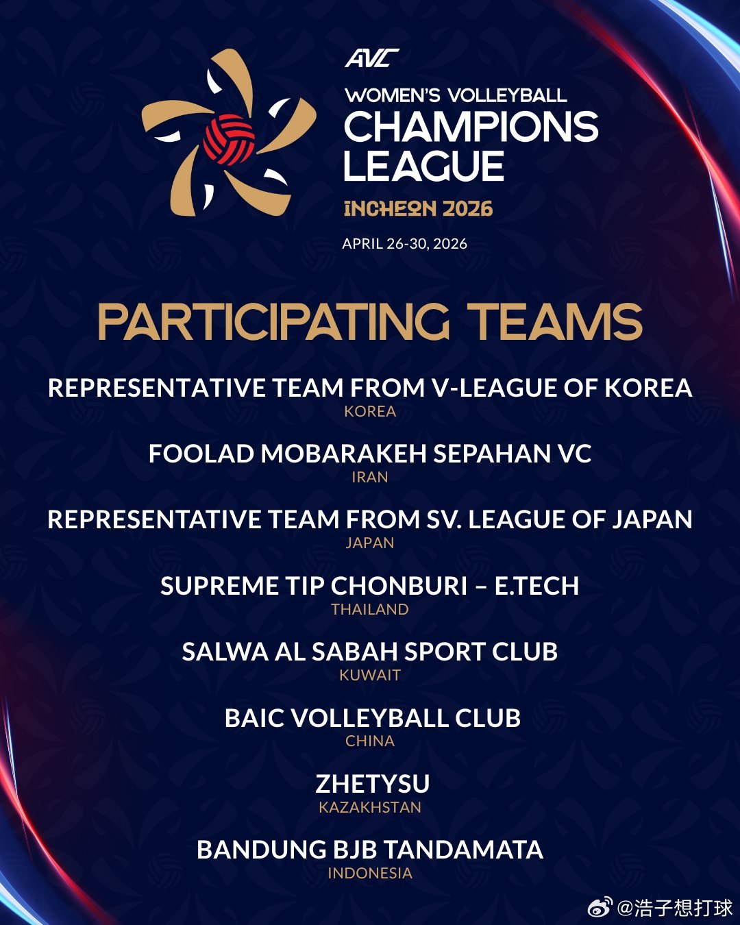 【亚冠女排参赛队公布】国际排坛动态 2026年亚洲冠军联赛的参赛球队公布，共8支