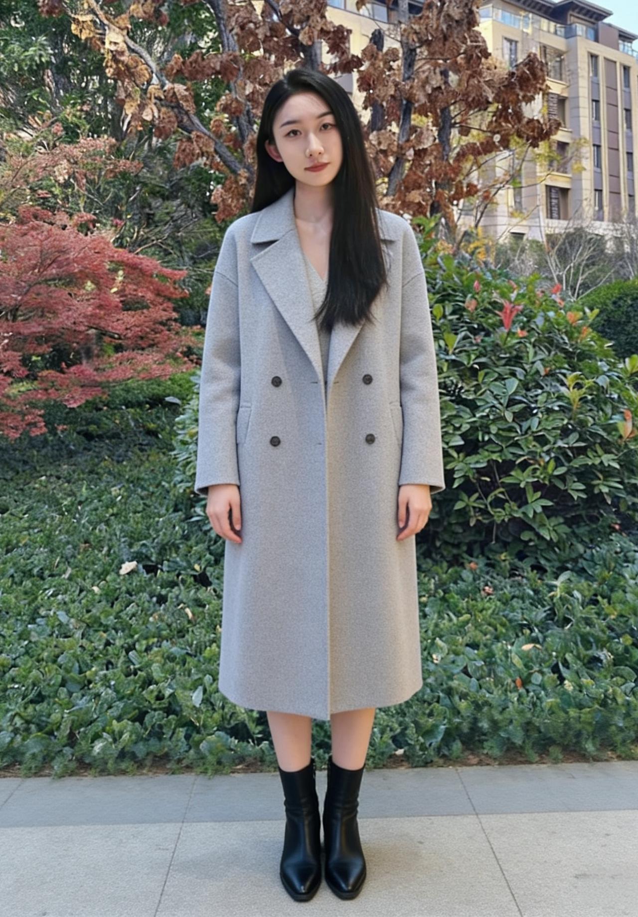 灰衣临菊径，红叶映芳姿。
伫立园林里，秋光入画迟。