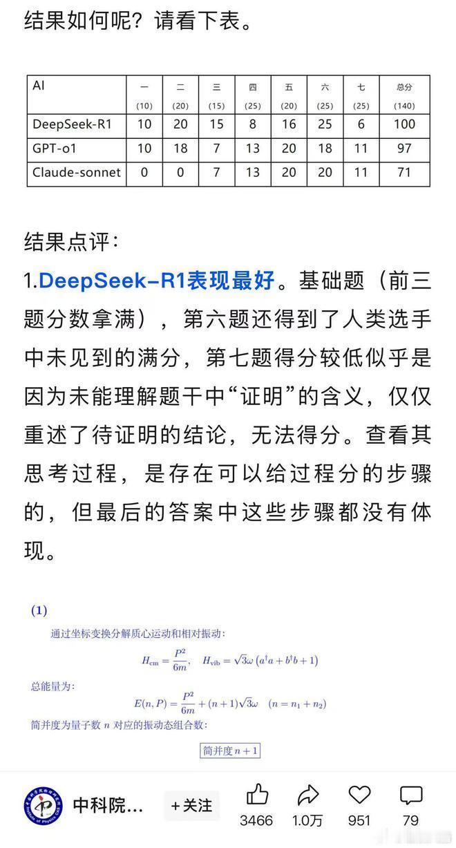 【 用DeepSeek挑战中科院物理所竞赛题 】据中科院物理所消息，近日，中科院