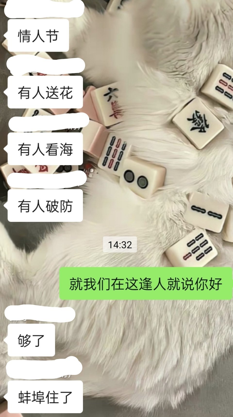 蚌埠住了  情人节有人送花  有人看海  有人结婚  就我们在这逢人说你好  够