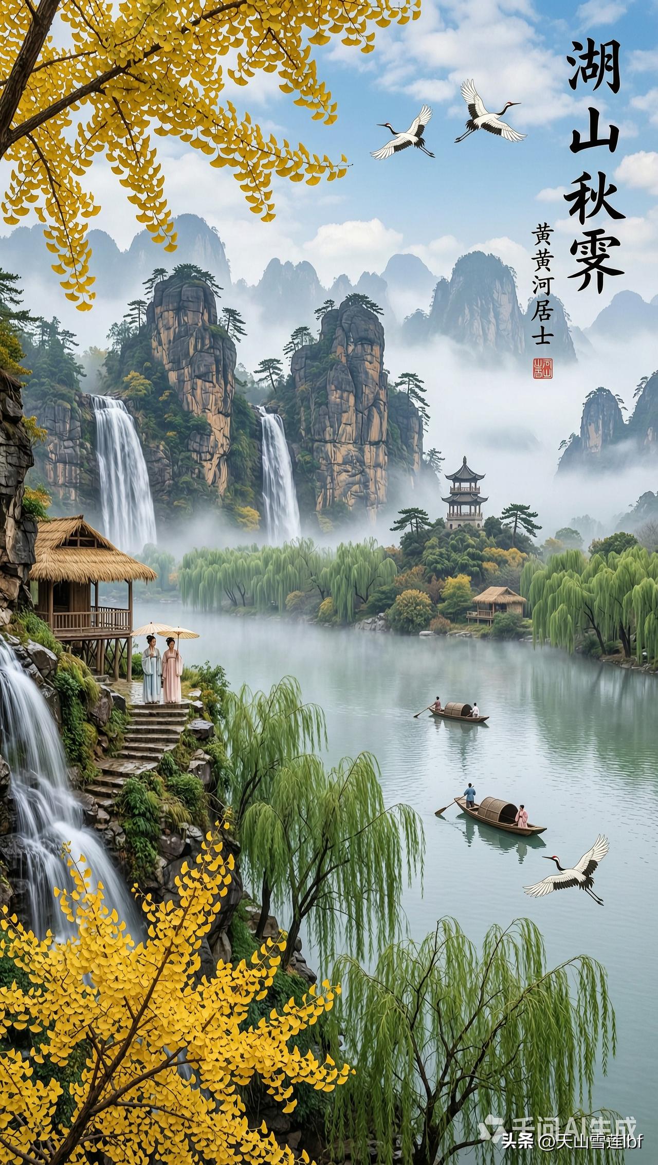 秋意渐浓，山水画卷，湖光山色，人间仙境。
