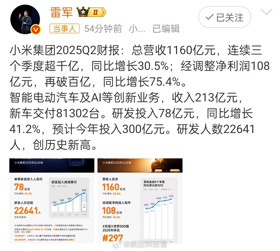雷军公布小米第二季度财报 刚看到雷总发文，直接给我看傻了，小米这第二季度财报也太