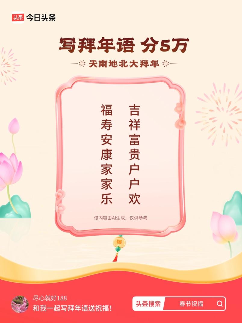 写拜年语送祝福新春拜年送祝福！我的祝福是：“福寿安康家家乐，吉祥富贵户户欢”！快