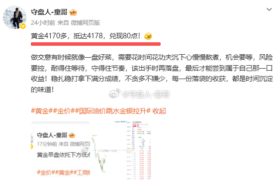 复盘：10月19日（周一）微博记录四胜一负共斩获470点！黄金4170多→ → 