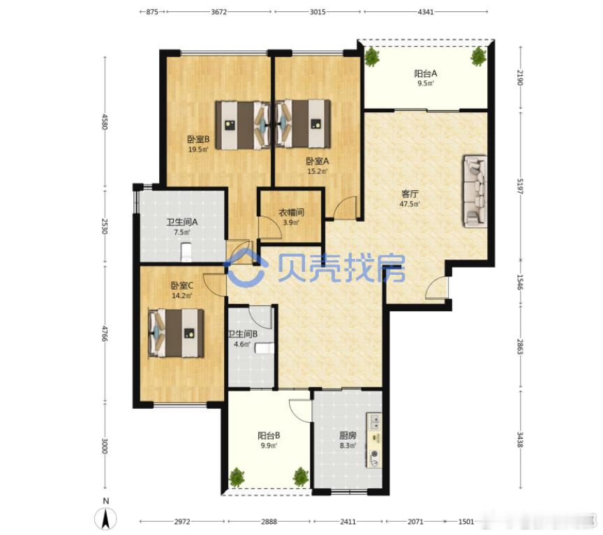 仁恒滨河湾175，套内实得140㎡（图一）。如果按照套内来算，455/140=3