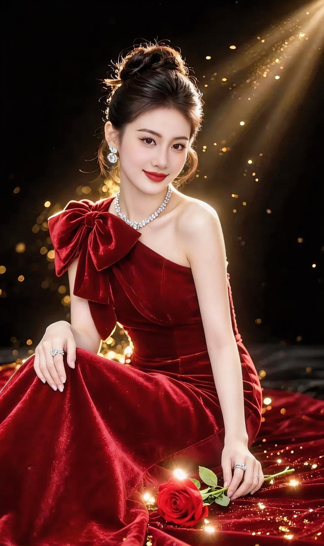丝绒星光

暗夜流光，轻洒金色尘屑，

你端坐，红裙如玫瑰盛放。

巨蝶结轻挽，