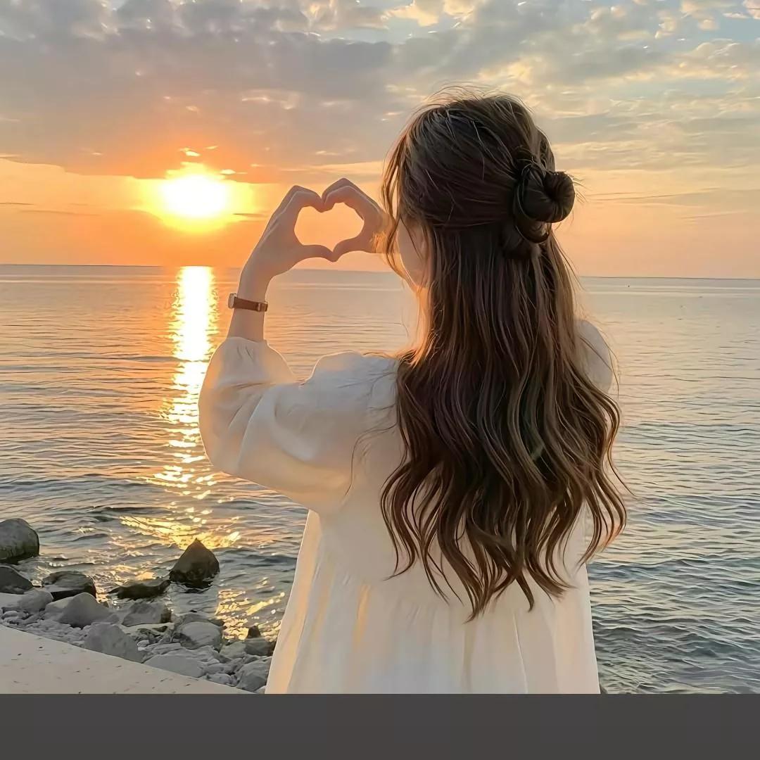 日落海边，温柔的心形手势，浪漫时刻。甜系手势写真 比心自拍 心形的浪漫花海 热恋