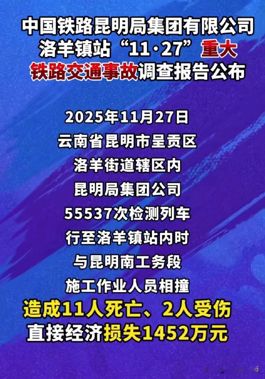昆明试验列车撞施工人员，
致11死2伤，
事故调查报告公布了！
 
十一条人命，